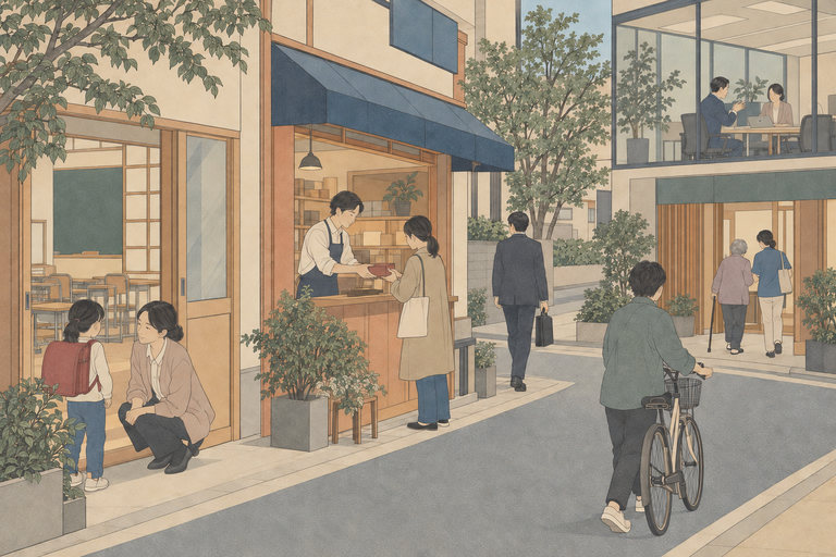 和紙に刷られた現代浮世絵風の街角。子どもを迎える教室、品物を手渡す店、ガラス越しに話し合うオフィス、付き添われて入る通所の施設が、一つの通りに並んでいる