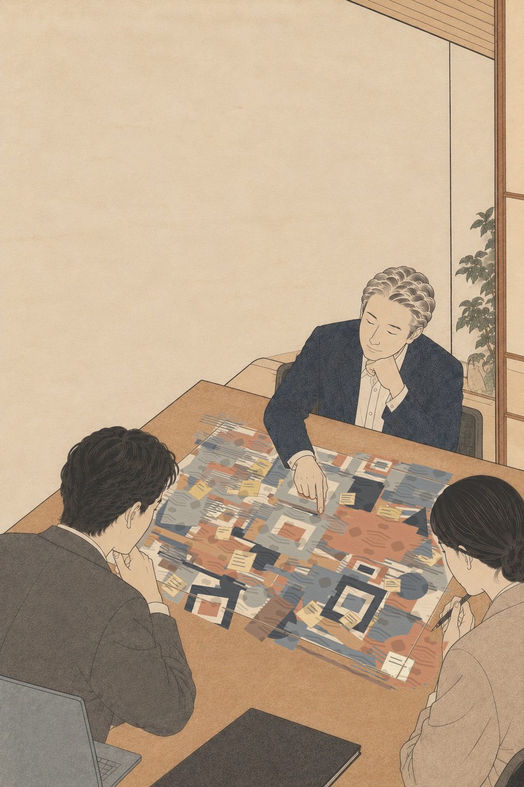 図形を詰め込んだ資料の一点を、センス顧問が指さしている浮世絵風の絵